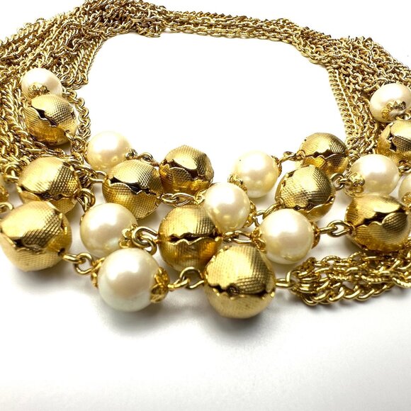 Vintage 1980s Goldtone Station Necklace—50" Pearl & Textured Gold Beads — EUC - Picture 4 of 8